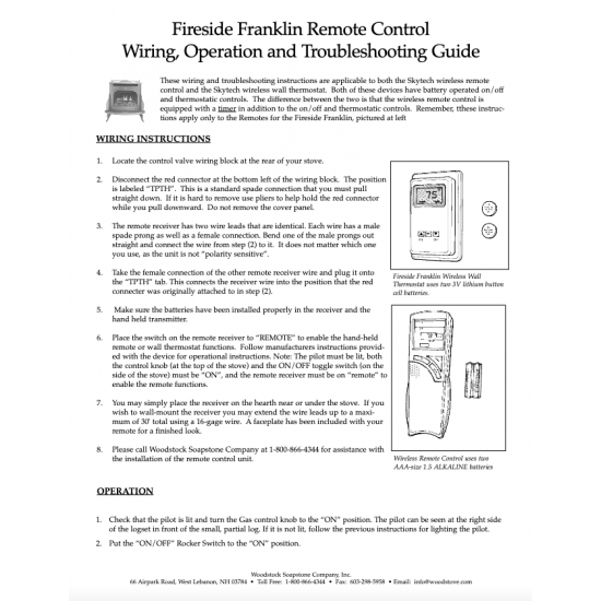 Fireside Franklin Remote Control Wiring, Operation, and Troubleshooting 